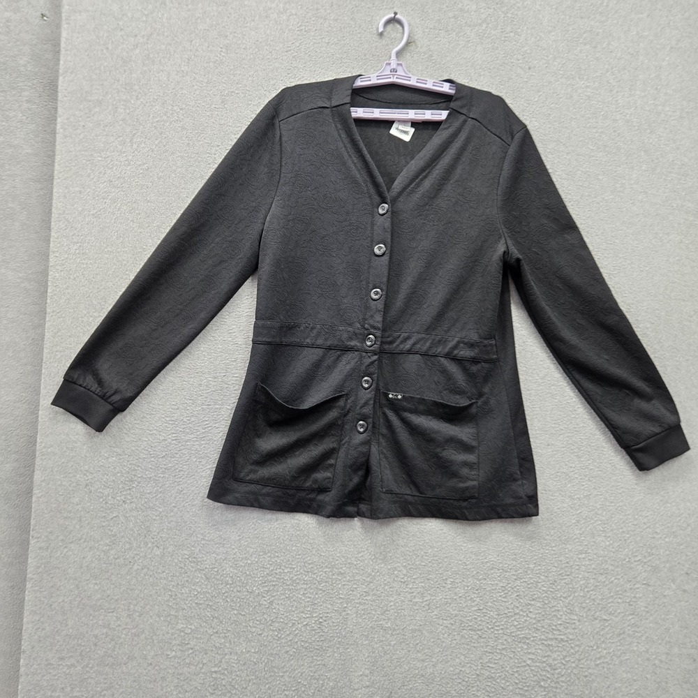 Koi Women Scrub Top L Black Floral Jacquard Knit Claire Cardigan Ruched Pockets